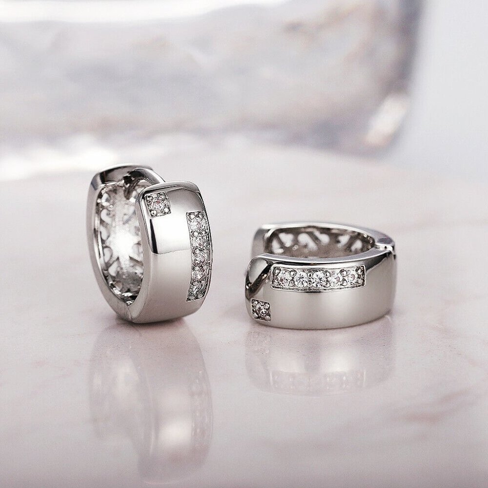 Men's Silver Plated Diamond Zircon Hoop Huggie Earrings 13x5mm Party Gift